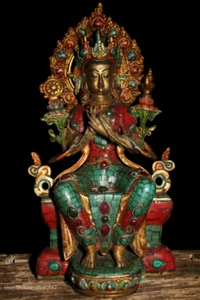 35cm collect Old Tibet Brass inlay Turquoise Manjusri Kwan-yin Statue AZYC - Picture 1 of 5