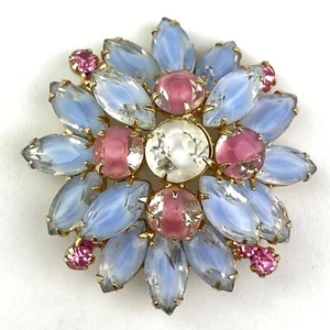 Vintage Gold Tone Flower Pin Brooch Light Blue Pink Stones 2-Tier - Picture 1 of 10