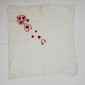 Vintage Hand Embroidered Handkerchief Hearts Romance Fine Cotton 14" Stains SEE - Picture 1 of 6