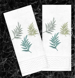 Maui Fern White Bath Hand Thick Towels Embroidered Palm Fronds with Border - Picture 1 of 8