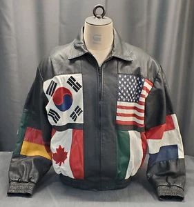 Vintage 90’s Cosa Nova Black Leather International Flag Bomber Biker Jacket Med - Foto 1 di 10