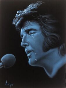Elvis Presley bleu éblouissant le roi peinture à l'huile velours noir art