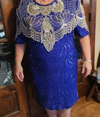 Anvintro Blue and Silver Beaded Silk Embellished Flapper-Style Dress - Image 1 of 2