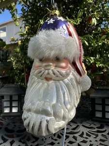 Weihnachtsmann Kopf mundgeblasen Glas 5" Weihnachtsschmuck USA patriotisch Fellbesatz Mütze EUC - Bild 1 von 10