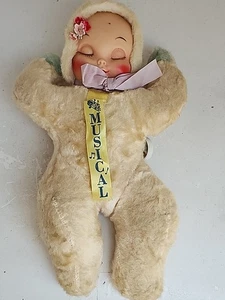 Vintage 14 Zoll schlafendes Baby Gummi Gesicht Puppe Plüsch beige musikalisch 1950er [25] - Bild 1 von 12