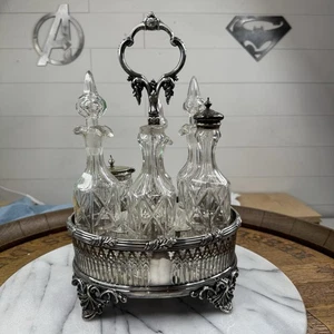 Antique Etched Glass 6 Piece Cruet Condiment Set Silver Plate Caddy Beautiful!! - Picture 1 of 24