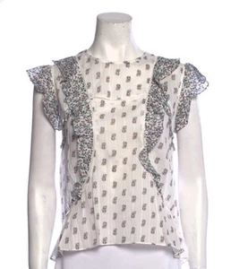 Veronica Beard Aira Short Sleeve Ruffled Blouse white with florals Navy Accents - Picture 1 of 6