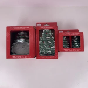 Ceramic Christmas Tree Salt Pepper Shakers Spoon Rest & Scrubby Holder Set NEW - Picture 1 of 7