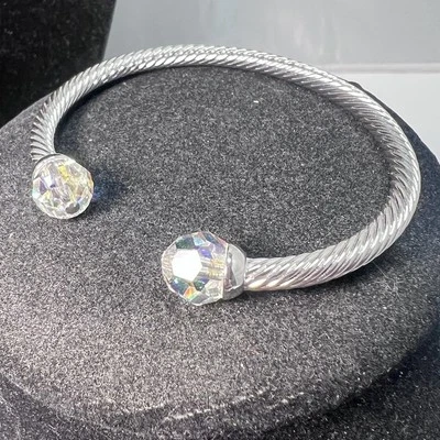 Beautiful Silver Tone AB Glass Crystal End Caps Cable Cuff Bracelet - Image 1 of 4