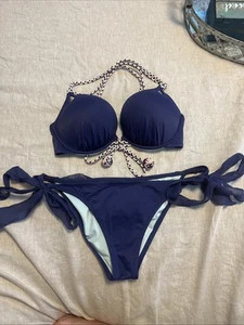 Victorias Secret Blue Bathing Suit Bikini 34C Large Bottoms Adorable! - Bild 1 von 11