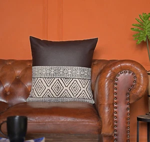 Boho Throw Pillow Cover Black & Beige Geometric Design, Faux Leather & Cotton - Picture 1 of 3