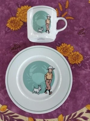 Mug Tasse et Assiette Porcelaine Tables et Couleurs Tintin Crabe Pinces Or 1993 - Photo 1/4