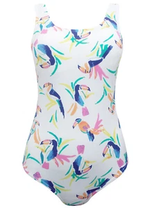 Damen M&S weiß Multi Toucan Druck Schaufel Ausschnitt Badeanzug Badeanzug UK 8-24 - Bild 1 von 5