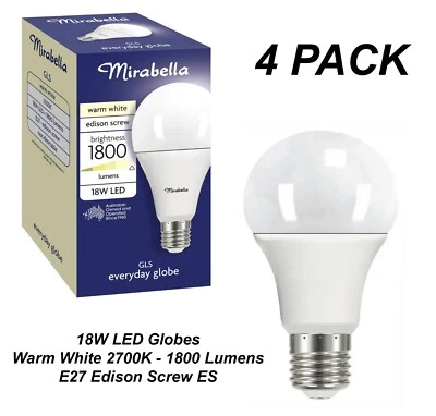 4 x 18W LED Light Globes Bulbs Lamps Warm White 2700K E27 Screw ES - 1800Lm - Image 1 of 4