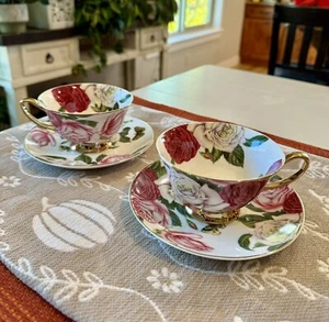 Grace Teaware Fine Porcelain Set Of 2 Teacups And Saucers Pink And White Roses - Picture 1 of 7