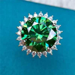 14k White Gold Ring Green Moissanite & White Moissanite Women Engagement Ring - Picture 1 of 4