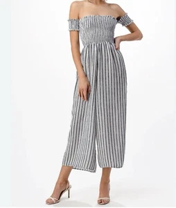 J For Justify Off the Shoulder Smocked Striped Wide Leg Jumpsuit White Black 2X - Picture 1 of 11