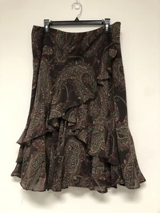 Womens Chaps Brown Paisley Print Lined Ruffle Midi Length Skirt Size Large - Picture 1 of 9