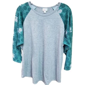 LuLaRoe Floral Raglan Baseball Tee Gray & Teal 3/4 Sleeve Casual Top Plus 2XL - Picture 1 of 4
