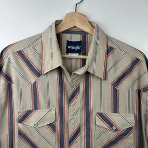 Vintage Wrangler Shirt Mens 17.5x35 Beige Blue Orange Aztec Brushpopper Rodeo - Picture 1 of 7