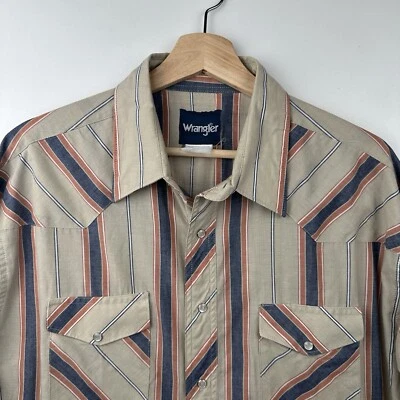 Vintage Wrangler Shirt Mens 17.5x35 Beige Blue Orange Aztec Brushpopper Rodeo - Image 1 of 4