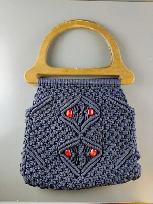Macrame Purse 1960s Boho Handbag Boho Hippie Retro Wood Handles Repair - Image 1 of 4