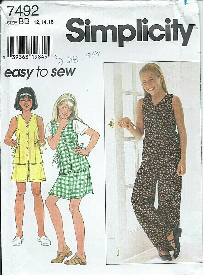 S 7492 sewing pattern TOP PANTS SHORTS SKIRT sew EASY girls sizes 12,14,16 UNCUT - Image 1 of 1