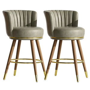 26" Counter Height Bar Stools Leather Kitchen Stools with Wood Legs Bar Chairs - Picture 1 of 35
