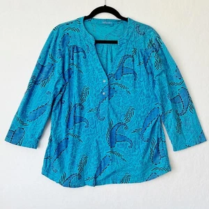 Fresh Produce Tropical Blue Top Pullover Casual Henley Tee Women Size XL - Picture 1 of 6