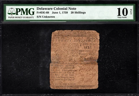 Delaware Colonial Note Fr#DE-68 June 1, 1759 20s PMG 10 *Printed by Ben Franklin Cover