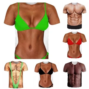 Men Funny 3D Fake Chest Printed TShirts Casual Gym Street Short Sleeve Top - Picture 1 of 18