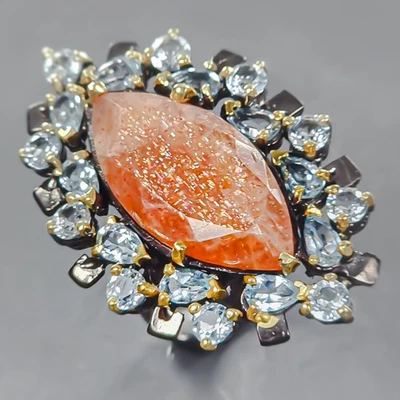 Anillo de piedra solar natural hecho a mano de 12 quilates + plata de ley 925 tamaño 7,5 / R441430 Foto 1 de 4