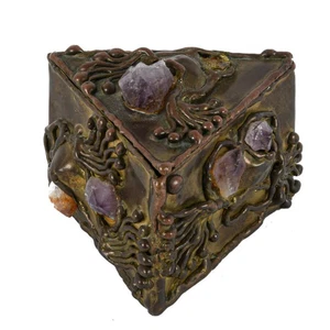 Signed Brutalist Brass and Gemstone Inlaid Trinket Box - Picture 1 of 5