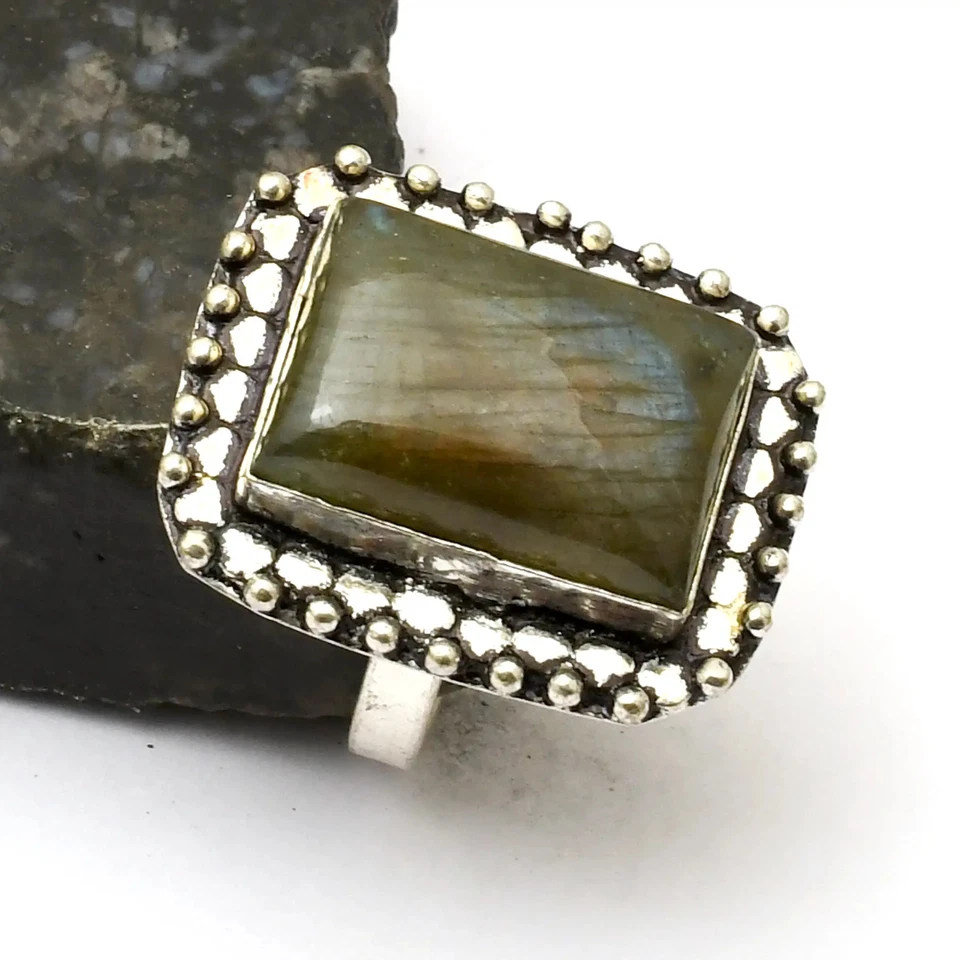 Labradorite Gemstone Ethnic Handmade Ring Jewelry Gift US Size-6.75 AR 34774 - Image 1 of 1