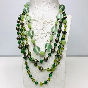 Silver Tone Beaded Statement Necklace Green Bohemian Style Chunky Multi Strand - Picture 1 of 8