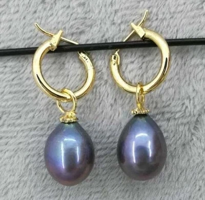 New 10-12mm AAA black blue natural tahitian pearl Dangle earrings 14k gold P - Image 1 of 2