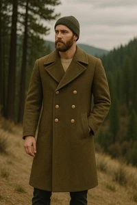 Vintage 1918 WWI Military Olive Green Heavy Wool Trench Coat Good Condition 40R - Picture 1 of 10