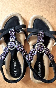 Harence - Black Sandals with Sparkling Beaded Flower Pattern Size 6.5 Low Heel - Picture 1 of 15