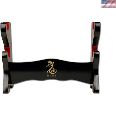 Elegant Double-Level Black Lacquer Samurai Sword Stand with Red Velvet Holders - Image 1 of 3