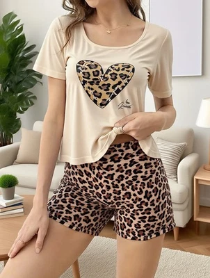 Womens Pyjama Set Short Sleeve Sleepwear Ladies Heart Leopard Print Lounge Set - Image 1 of 4