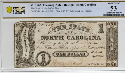 NC CR-88 1862 $1 North Carolina Paper Money - PCGS-B About Uncirculated 53 - Image 1 of 2