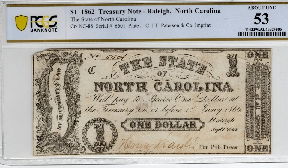 NC CR-88 1862 $1 North Carolina Paper Money - PCGS-B About Uncirculated 53 - Image 1 of 2