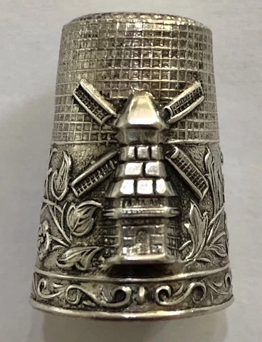 Unusual Vintage Silver  Gilt Thimble  Dutch Windmill Decoration Star on Top VGC Cover