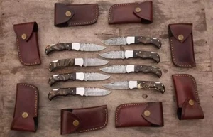 Unique LOT OF 8 Handmade RAM HORN Damascus Steel Pocket Folding Knife, W/Sheath - Picture 1 of 10