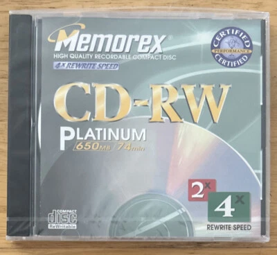 Memorex CD-RW Platinum 4x Rewrite Speed 650 MB 74 Min (Sealed, 1999) - Image 1 of 2