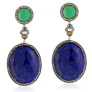 Lapis Chrysoprase Diamond Drop Dangle Earrings 925 Starling Silver - Picture 1 of 5