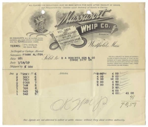 1919 Massasoit Whip Co Westfield MA Indian Chief Business Receipt Document - Picture 1 of 2