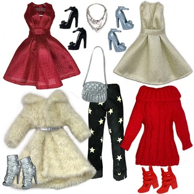 Eledoll Clothes Lot Winter Fur Fashion Pack Holiday Red & Gold Glittered Dress