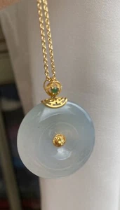 Grade A Jadeite Jade Semi Translucent Light Blue Tone Circle Donut Pendant Gold - Picture 1 of 3