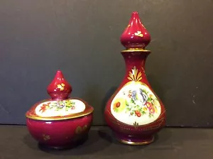 SET BARATTOLO POLVERE E BOTTIGLIA PROFUMO LIMOGES MAGENTA DIPINTO A MANO - Foto 1 di 9